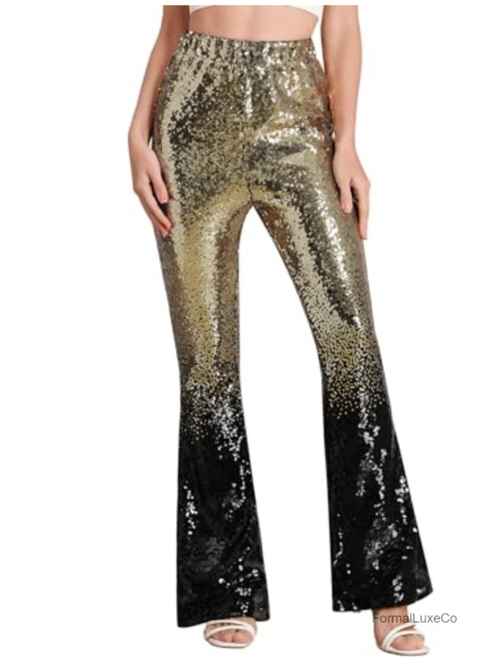 Women's High Waist Sequin Bell Bottom Flare Pants Sparkle Glitter Dance Clubwear